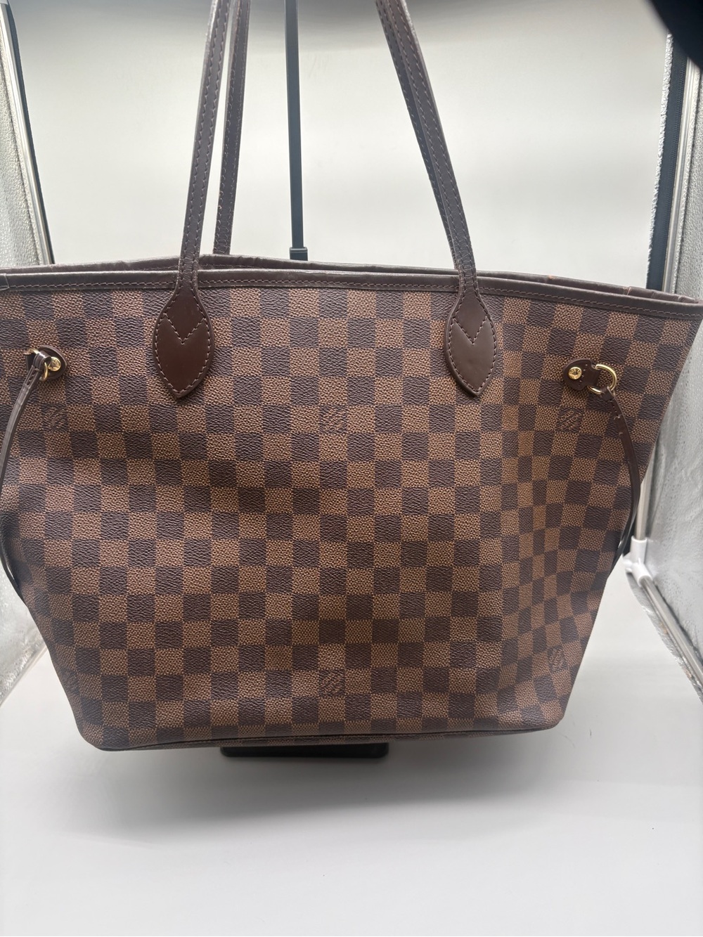 Louis Vuitton Neverfull MM Damier Ebene Tote Red Interior